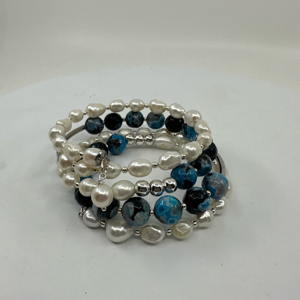 #333 New Handmade Pearls & Faceted Multicolor Agate Wired Bracelet Multustrand